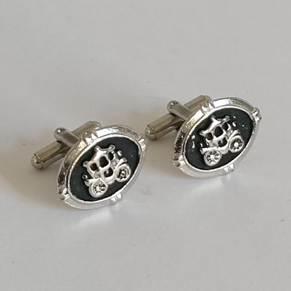 Vintage Men's Silver Tone Black Enamel Horse Carriage Royalty Luxury Cufflinks - Picture 2 of 8